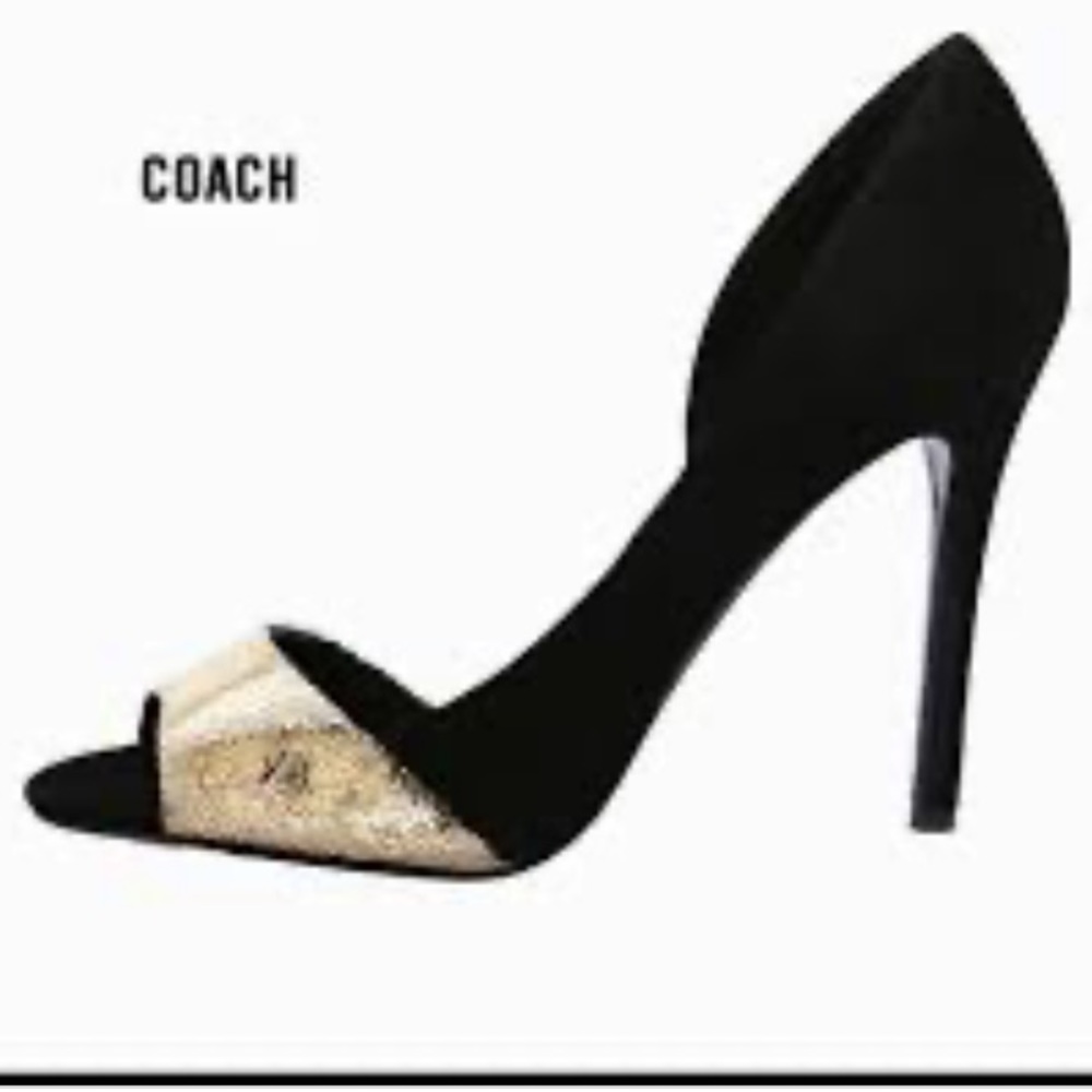 Coach Lytton Black Suede and Gold peep toe pump